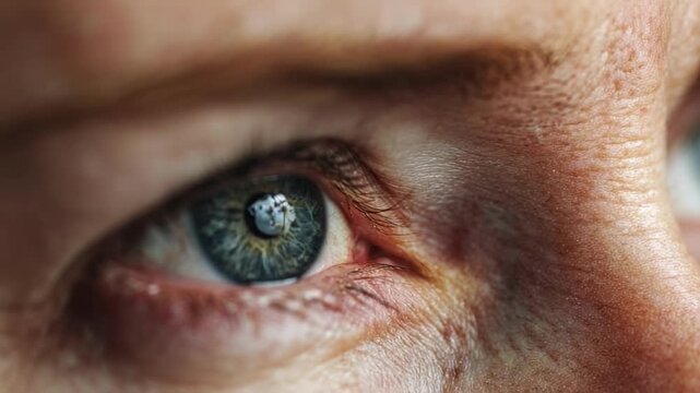 Close-up of a blue-green eye with detailed skin texture, visible pores and freckles around the eye.