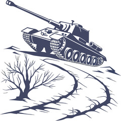 A lone tank traverses a barren snow covered landscape with a stark tree