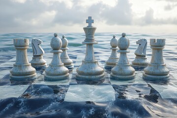 Chess Pieces Placed on Glass Board Reflecting Water Surface and Cloudy Sky