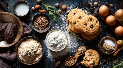 Flat lay of homemade cookies with ingredients