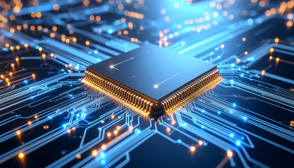 Futuristic computing with neon glow processor and golden connectors