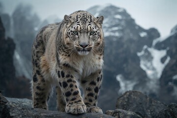 Obraz premium Portrait of a rare snow leopard, classified as vulnerable