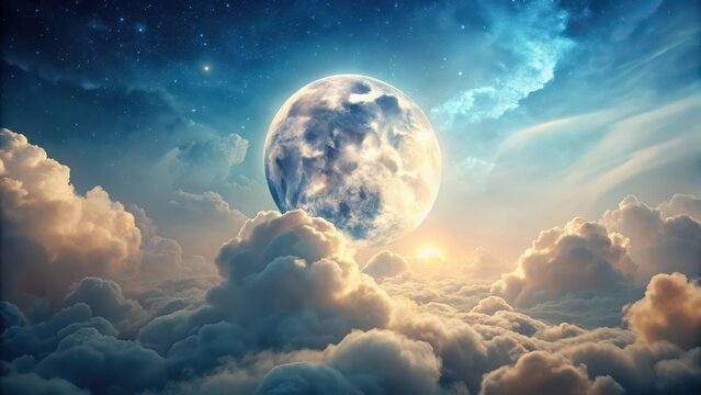 A serene lunar landscape with a glowing moon suspended in the sky amidst fluffy white clouds, with a subtle texture and soft color palette , serene night, dreamy sky