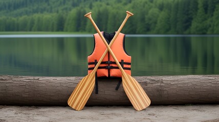 Orange Life Vest and Wooden Paddles Leaning on Log by Calm Lake, Summer Adventure & Safety Concept.