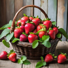 Wicker Basket Brimming With Ripe Red Strawberries on a Wooden Table