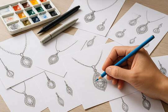 Hand sketching jewelry design with pencil and creative drawings of pendant concepts surrounded by art tools and color palette