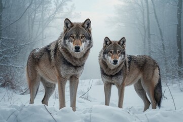 Fototapeta premium A pair of gray wolves in the wild