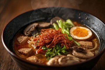 Plant-based Ramen featuring savory broth, noodles, tofu, mushrooms, and bok choy