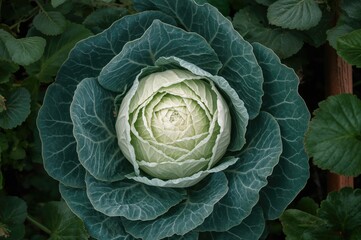 Obraz premium Fresh white cabbage with green leaves on natural backdrop