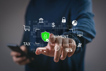 Secure online payment concept with digital finance icons, businessman using smartphone for financial transaction, e-commerce, banking, tax, data protection, and modern technology in digital economy.