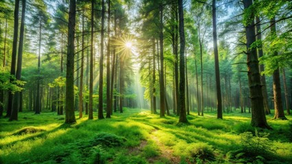 Obraz premium Breathtaking green forest landscape in summer with tall trees and lush vegetation, surrounded by a serene atmosphere