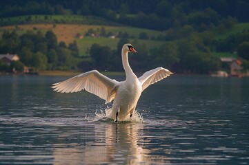 Evening scene of a white swan gliding down to rest on a lake's surface