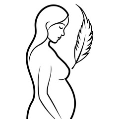 Pregnant Woman Silhouette with Feather Minimalist Line Art Serene Expectation and Natural Beauty