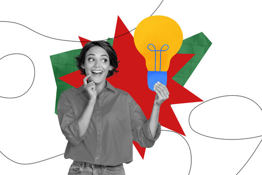 Fototapeta Composite photo collage of excited girl hold light bulb icon enlightenment process idea finding progress isolated on painted background