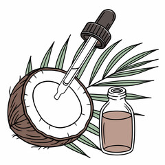 Hand drawn illustration of a halved coconut with a dropper and a small bottle of oil surrounded by palm leaves