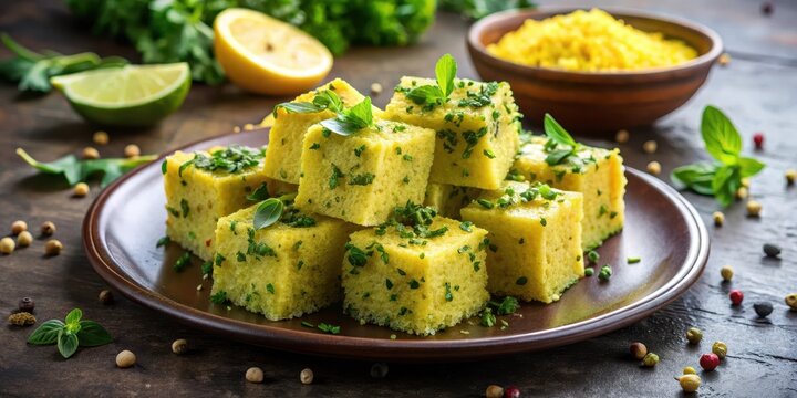 Fermented green gram dhokla on a plate with a sprinkle of fresh cilantro and lemon wedges, vegetarian, farali