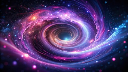 Mysterious vortex with swirling purple and pink particles in a dark abstract background, dark atmosphere, cosmic swirl