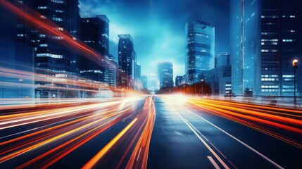 Fototapeta premium Light trails on the modern building background. Light trails at night in urban environment, Abstract Motion Blur City, traffic, transportation, street, road, speed