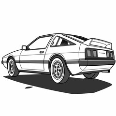 Retro sports car illustration with distinctive rear spoiler and classic wheels viewed from the rear three quarter angle