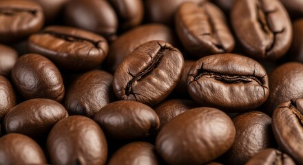 Close-up of roasted coffee beans showing their rich brown color and textured surface, concept for a coffee shop menu, packaging design and breakfast advertising