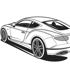 Sleek luxury coupe sports car viewed from the rear three quarter angle in a clean black and white line art drawing
