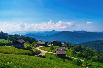 Scenic vista of the mountain range from a small village viewpoint