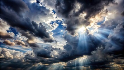 Obraz premium Dramatic clouds with dark grey and black hues dominating the sky, with white fluffy clouds scattered in the distance, a few sunbeams peeking through , Stormy Weather, Sunbeams