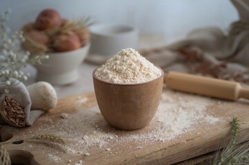 Fototapeta premium Cup filled with wheat flour alongside tools for preparing dough at home, focused detail