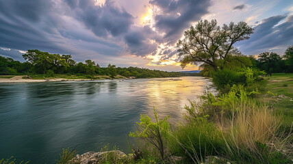 Picturesque Valley with River and Dramatic Clouds