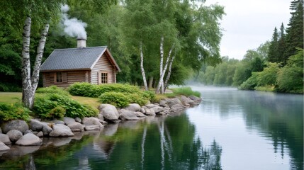Obraz premium Log cabin by tranquil river with chimney smoke