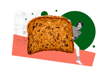 Composite trend artwork sketch image photo collage of copyspace party young lady stand hold piece bread hungry delicious tasty bakery