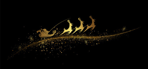 Merry Christmas. An exquisite golden isolated drawing of Santa Claus riding a reindeer.