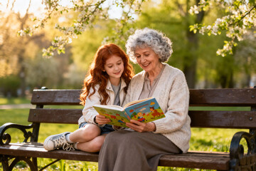Elderly woman reading book to red-haired granddaughter in sunny park, genuine family bonding, dementia prevention and mental health awareness concept