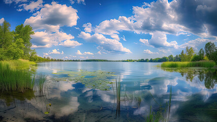 Tranquil Lake Scene with Dynamic Cloudy Sky