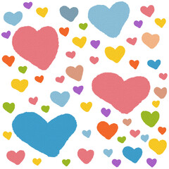Colorful Heart Pattern – Cute Love Background Illustration. cattered Colorful Hearts Pattern with Crayon Texture