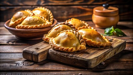 Argentinian empanadas on a dark rustic wooden background, kitchen still life