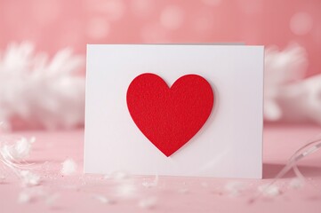 Greeting card featuring a crimson heart with a blurred light background.