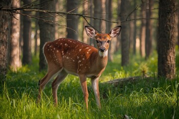 Young white-tailed deer in a green forest environment