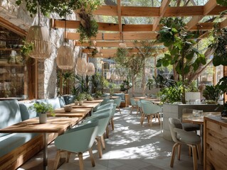 A bright, modern indoor dining space featuring wooden accents, greenery, and stylish light fixtures, creating a warm and inviting atmosphere.