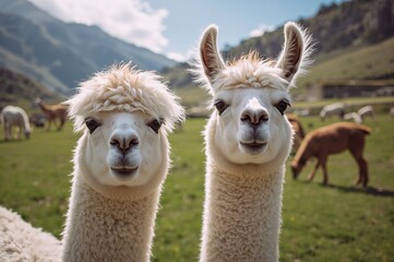 Obraz premium Two amusing pale llamas in close-up standing in a meadow with blurred llamas grazing nearby