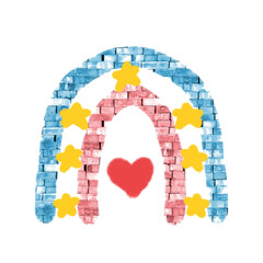 Colorful Brick Rainbow with Stars and Heart – Cute Digital Illustration. Rainbow with Heart and Stars on Brick Texture.