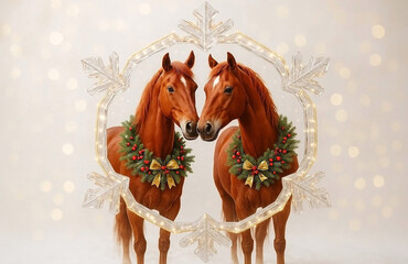 A red horse in a large decorative shining crystal snowflake on a bright New Year's background, greeting card with the symbol of the year 2026