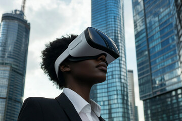 Generative AI image of confident young businessman in formal suit standing in cityscape background of modern skyline