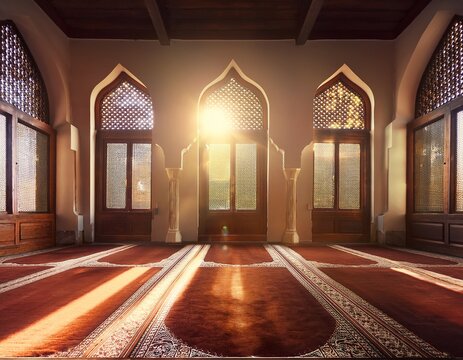 sunlit islamic prayer room interior ornate windows carpet