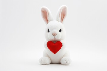 Obraz premium Adorable plush bunny with a red heart on a plain white backdrop