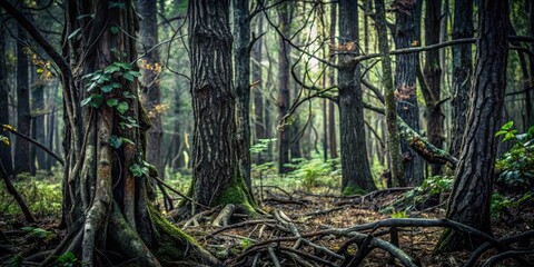 Dark forest terrain with dense foliage and twisted tree trunks in black camouflage background for outdoor adventure photography, hunting theme, black camouflage background