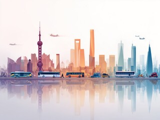 Fototapeta premium A vibrant cityscape illustration featuring modern skyscrapers, buses, and reflections, highlighting urban transportation and architecture.
