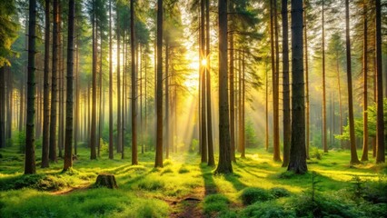 Obraz premium Serene Forest Landscape with Tall Trees, forest, natural scenery, forest,natural scenery,resurgence,hillside