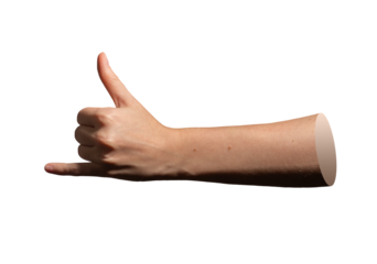 Hand making a shaka gesture with thumb and pinky extended, symbolizing a friendly or relaxed