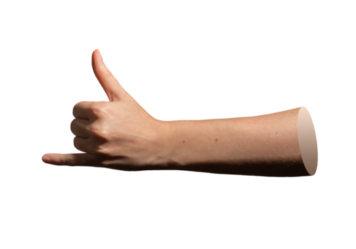 Hand making a shaka gesture with thumb and pinky extended, symbolizing a friendly or relaxed